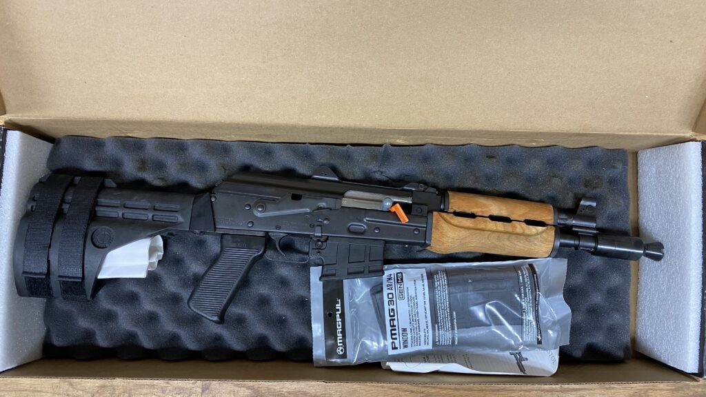 Zastava PAP M85NP – 5.56 NATO AK Pistol, Wood Handguards, SB Tactical Brace, Magpul Magazine