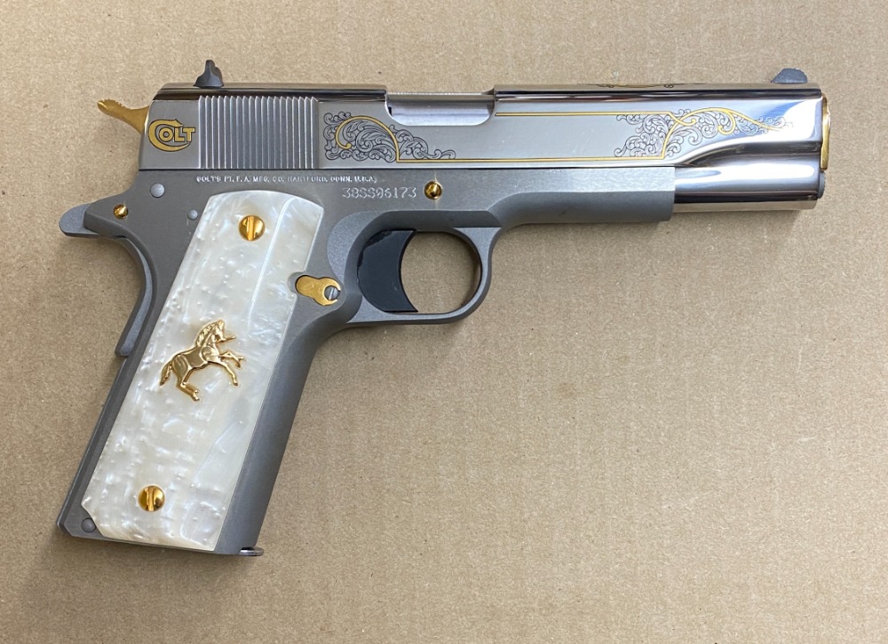 Used Colt Government 1911 38 Super Bright Stainless Steel Engraved O2091