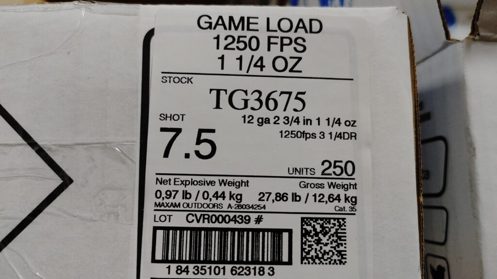 Rio Top Game 12 ga 2-3/4″ 3-1/4 DRAM 1250 FPS 1-1/4 oz #7.5 Box of 25 TG3675