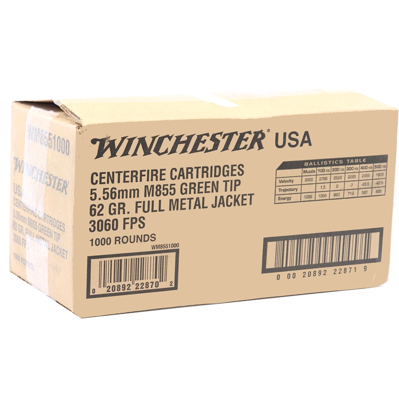 Winchester USA 5.56 NATO Ammo 62 grain M855 Green Tip FMJ Case of 1000 Rounds Bulk WM8551000