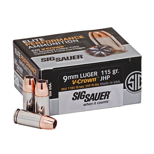 Sig Sauer Elite Performance 9mm Luger Ammo 115 grain V-Crown JHP Box of 20 Rounds E9MMA1-20 – Online Only