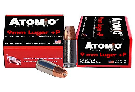 Atomic 9mm Luger +P Ammo 124 grain Bonded Match Hollow Point Box of 20 Rounds 00454