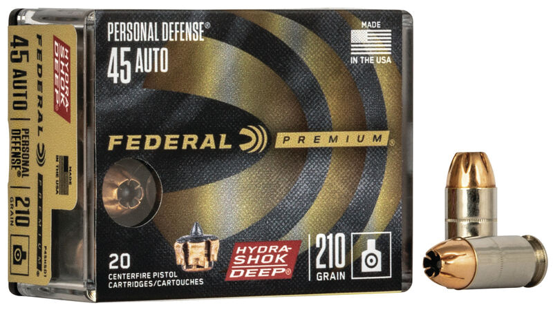 Federal Premium Hydra-Shok DEEP 45 Auto / ACP Ammo 210 grain Hollow Point Box of 20 Rounds P45HSD1