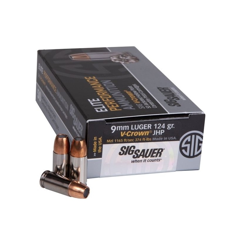 Sig Sauer Elite Performance 9mm Luger Ammo 124 grain V-Crown JHP Box of 50 Rounds E9MMA2-50