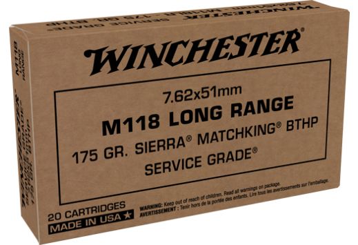 Winchester Service Grade M118 Long Range 7.62×51 Ammo 175 grain Sierra Matchking BTHP Box of 20 Rounds SGM118LRW