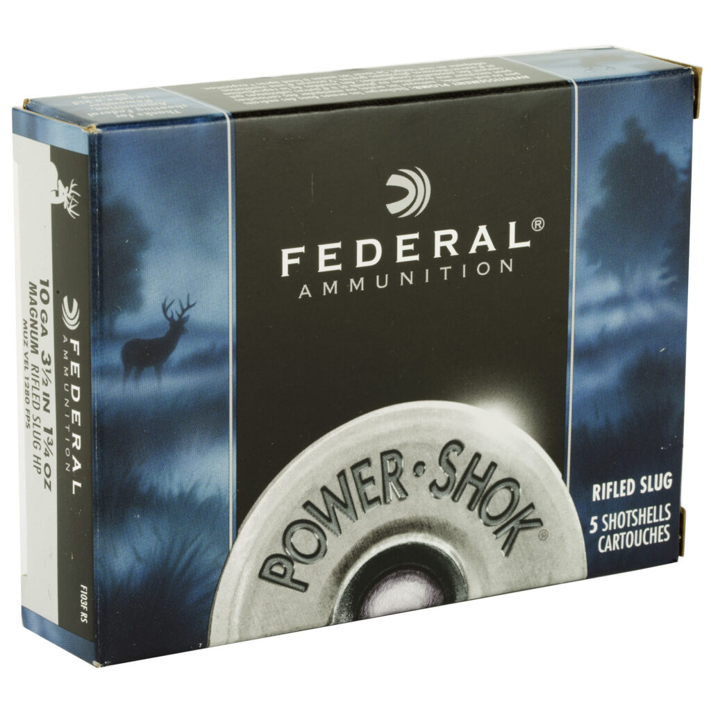 Federal Power-Shok 10 GA Ammo 3-1/2″ 1-3/4 oz Rifled Slug Hollow Point Box of 5 Rounds / Shells F103FRS
