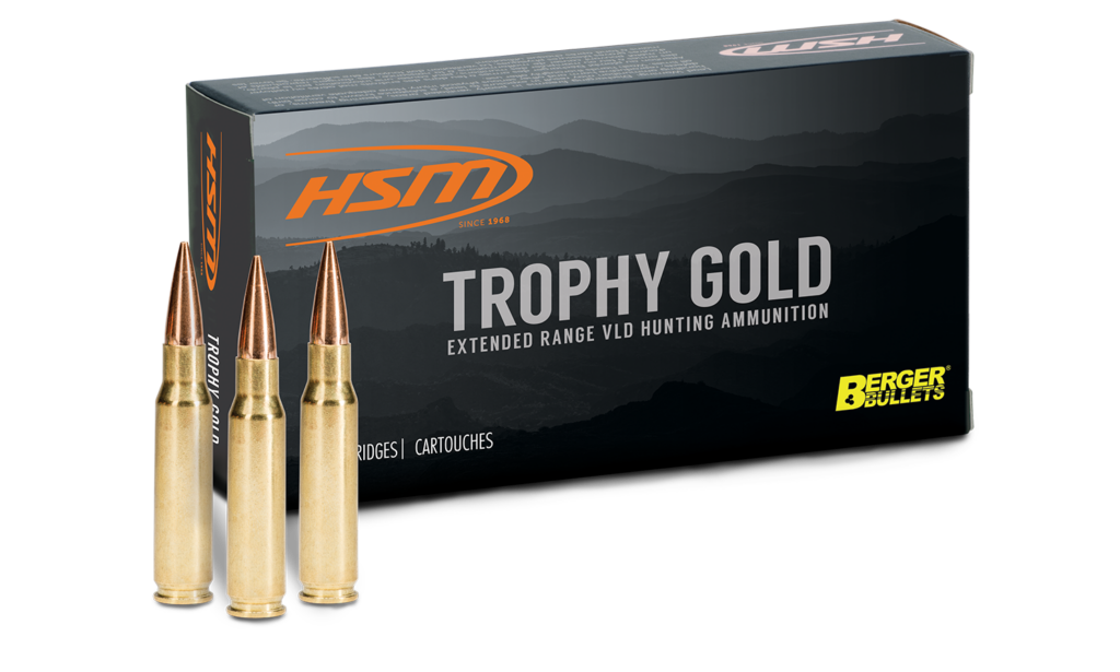 HSM Trophy Gold Hunting VLD 308 Winchester Ammo 168 grain Berger HPBT Case of 500 Rounds Bulk BER-308168VLD-C