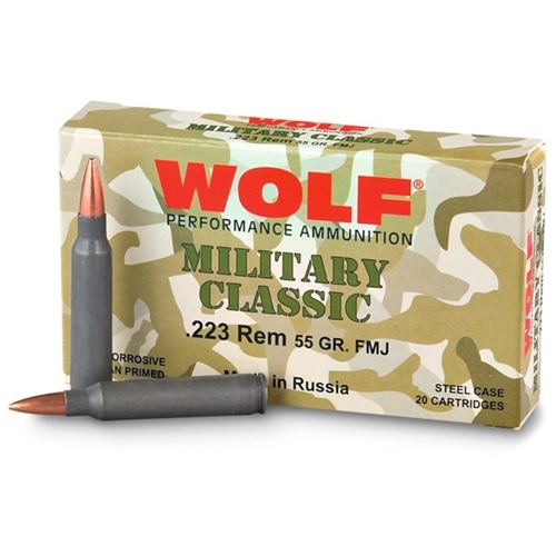 Wolf Military Classic 223 Remington Ammo 55 grain FMJ Case of 500 Rounds Bulk (Steel Case)