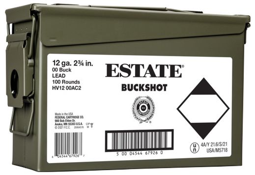 Estate 12 GA Ammo 2-3/4″ 00 Buck 9 Pellet 100 Rounds in Ammo Can HV1200AC2