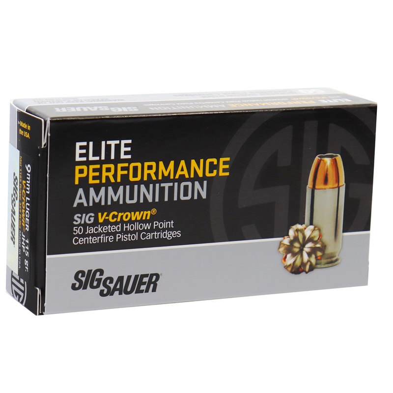 Sig Sauer Elite Performance 9mm Luger Ammo 115 grain V-Crown JHP Box of 50 Rounds E9MMA1-50