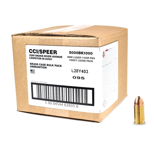 CCI 9mm Luger Ammo 115 grain FMJ Case of 1000 Rounds Bulk (Loose Pack) 5000BK1000