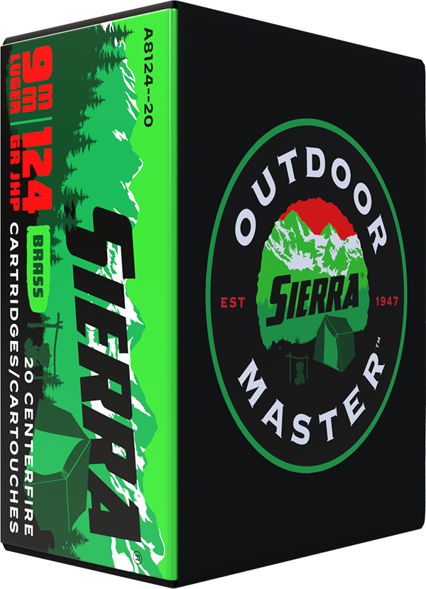 Sierra Outdoor Master 9mm Luger Ammo 124 grain JHP Box of 20 Rounds A8124–20