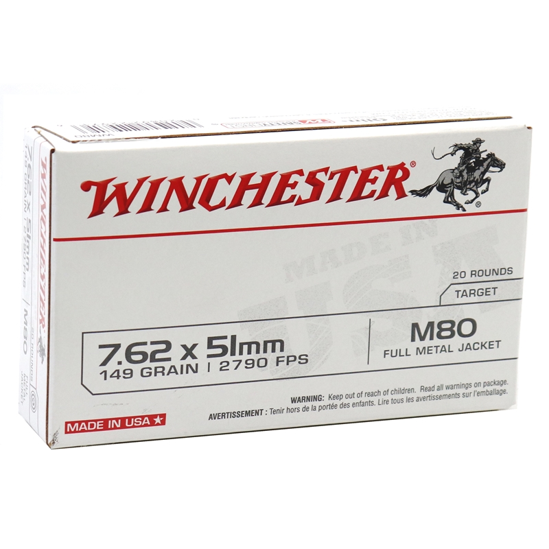 Winchester USA 7.62×51 Ammo 149 grain M80 FMJ Case of 500 Rounds Bulk WM80