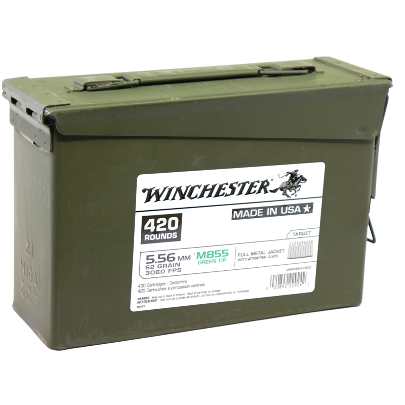 Winchester Lake City 5.56 NATO Ammo 62 grain M855 Green Tip FMJ Case of 840 Rounds Stripper Clips (2-420 rd Ammo Cans) Bulk WM855420CS