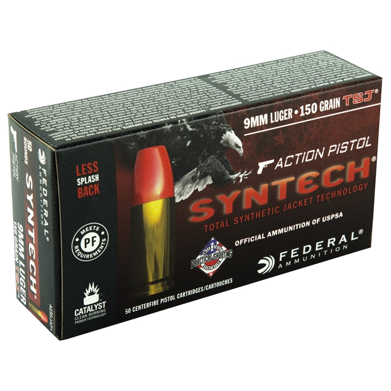 Federal American Eagle 9mm Luger Ammo 150 grain Syntech TSJ Flat Nose Case of 500 Rounds Bulk AE9SJAP1