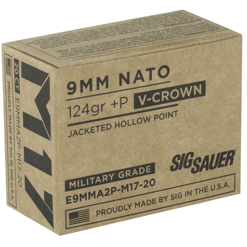 Sig Sauer Elite Performance M17 9mm Luger +P Ammo 124 grain V-Crown JHP Box of 20 Rounds E9MMA2P-M17-20 – Online Only