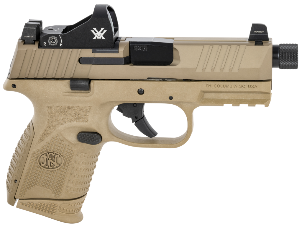 FN 509 Tactical Compact 9mm Luger 12+1/24+1 4.32″ Threaded Barrel, Flat Dark Earth Optic Cut/Serrated Slide & Polymer Frame w/Accessory Rail, FDE  Viper Red Dot 66-100797