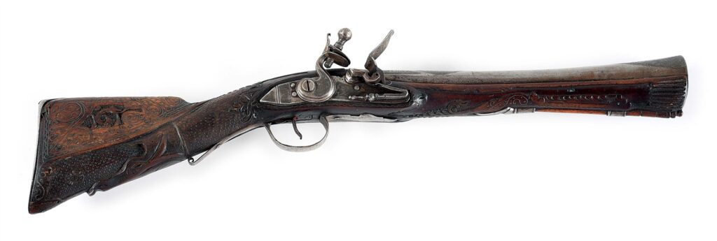 OTTOMAN FLINTLOCK KNEE GUN SILVER WIRE INLAY W/CARVING