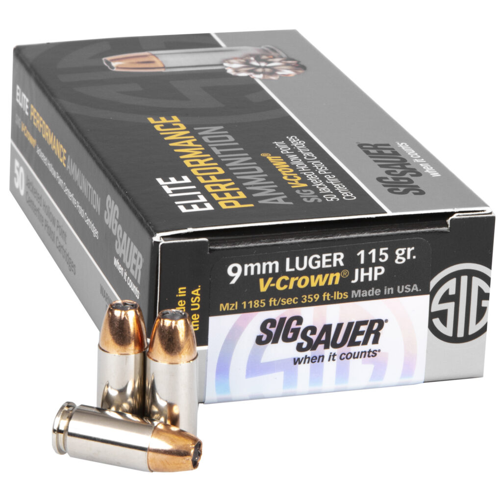 Sig Sauer Elite Performance 9mm Luger Ammo 115 grain V-Crown JHP Case of 1000 Rounds E9MMA1-50