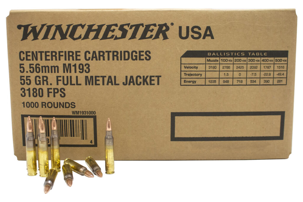 Winchester USA 5.56×45 (5.56 NATO) Ammo 55 grain M193 FMJ Case of 1000 Rounds Bulk WM1931000