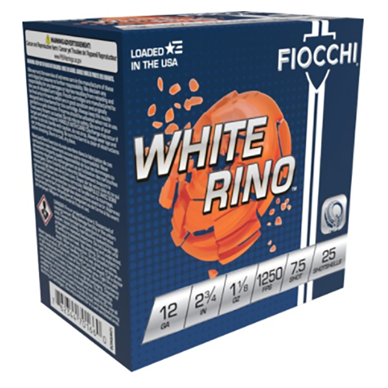 Fiocchi White Rino 12 GA Ammo 2-3/4″ 1-1/8 oz #7-1/2 Lead Shot Case of 250 Rounds / Shells Bulk 12WRNO75