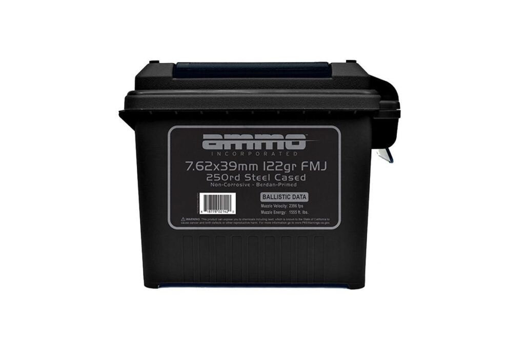 Ammo Inc 7.62×39 Ammo 122 grain FMJ 250 Rounds in Plastic Can (Steel Case) – Free Shipping