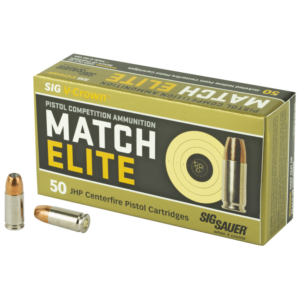 Sig Sauer Elite Match 9mm Luger Ammo 115 grain V-Crown JHP Case of 1000 Rounds E9MMA1-COMP-50