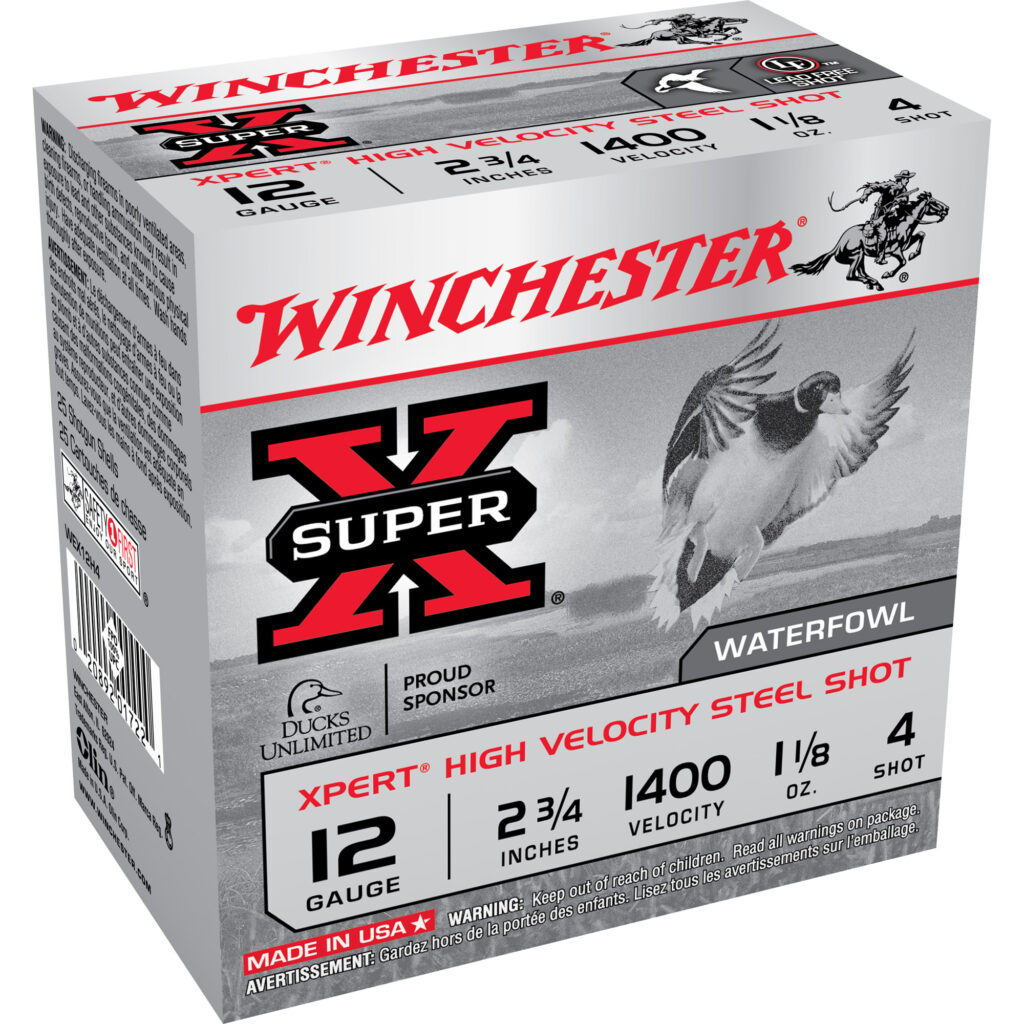 Winchester Super-X 12 GA Ammo 2-3/4″ 1-1/8 oz #4 Steel Shot Case of 250 Rounds / Shells Bulk WEX12H4