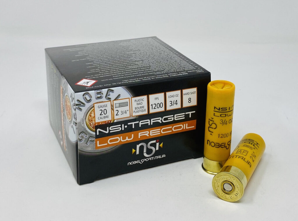 Nobel Sport Italia Low Recoil Target Load 20 GA Ammo 2-3/4″ 3/4 oz #8 Lead Shot 1200 FPS Case of 250 Rounds ANSLR208