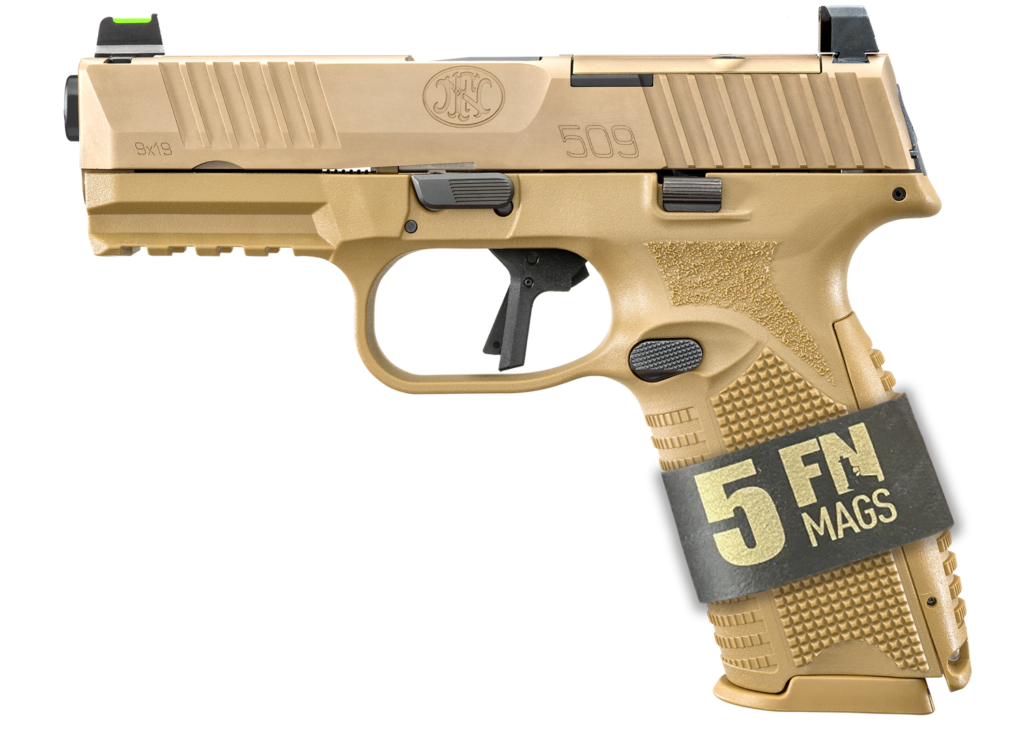 FN 66101653 509 MRD FOS Bundle 9mm Luger 24+1 4″ Black Recessed Target Crown Barrel, Flat Dark Earth PVD Optic Ready/Serrated Slide