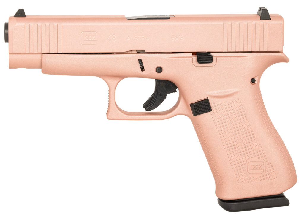 Glock PA4850204RG G48 Compact Slim 9mm Luger 10+1 4.17″ Black GMB Barrel, Rose Gold Serrated Slide, Rose Gold Cerakote w/Black Controls Polymer Frame w/Beavertail, Rose Gold Polymer Grip, Right Hand