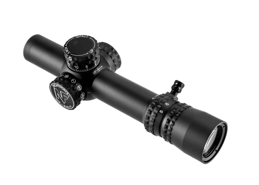 NightForce NX8 1-8×24 F1 Riflescope w/Zerostop PTL 30mm Tube .2 Mil-Rad FC-Mil Reticle Black C598