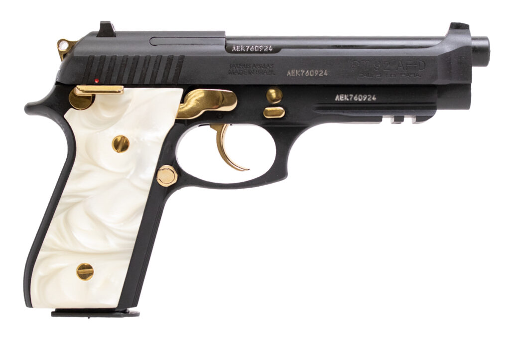 Taurus PT92 9mm Black/Gold White Pearl Grips 17 Round Capacity 92 1-920151GLD-WP