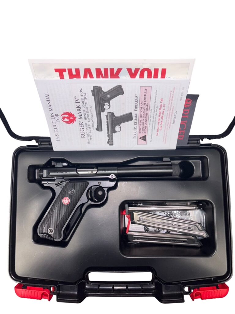 Used Ruger Mark IV Target .22 LR Pistol – Threaded 5.5″ Bull Barrel, Blued Finish, 4 Mags