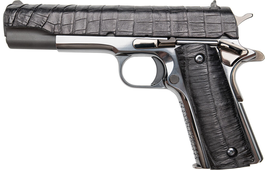 Cnc Firearms CNCGATOR45 Colt Government Gator Sports South Exclusive 45 ACP 7+1 5″ Stainless Match Grade Barrel, Black Alligator Leather Stainless Steel Slide, Black DLC Stainless Steel Frame, Black Alligator Leather Grip
