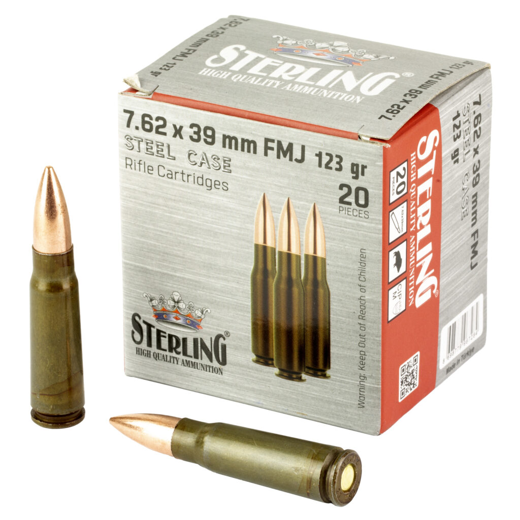 Sterling High Quality 7.62×39 Ammo 123 grain FMJ Lacquered Steel – Case of 1000 Rounds