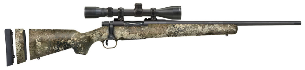 Mossberg 28066 Patriot Super Bantam 7mm-08 Rem Caliber with 5+1 Capacity, 20″ Fluted Barrel, Blued Metal Finish & TrueTimber Strata Synthetic Stock Right Hand (Youth) Includes 3-9x40mm Scope
