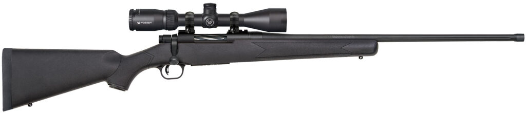 Mossberg 28244 Patriot w/Optic 6.5 PRC 4+1 24″ Matte Blued Fluted Threaded Barrel, Matte Blued Drilled & Tapped Receiver, Fixed Black Synthetic Stock, Vortex Crossfire II 3-9x40mm