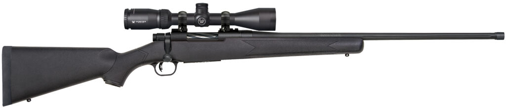 Mossberg 28247 Patriot w/Optic 350 Legend 4+1 22″ Matte Blued Fluted Threaded Barrel, Matte Blued Drilled & Tapped Receiver, Fixed Black Synthetic Stock, Vortex Crossfire II 3-9x40mm