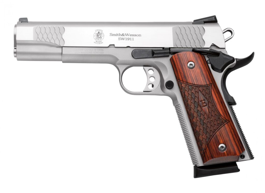 SMITH AND WESSON SW1911 45ACP 5″ SS/WD E-SERIES
