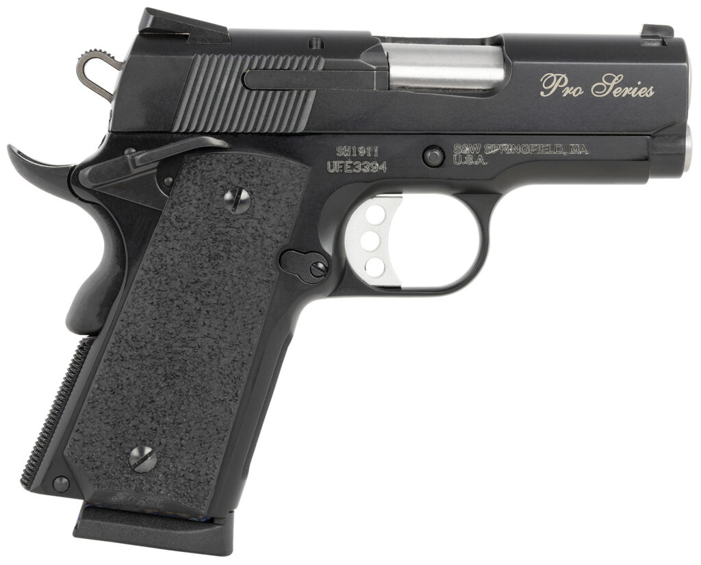 Smith & Wesson 178020 PC 1911 Pro Sub-Compact Frame 45 ACP 7+1, 3″ Stainless Steel Barrel, Black Serrated Carbon Steel Slide, Black Aluminum Frame w/Beavertail, Black Stippled Grip