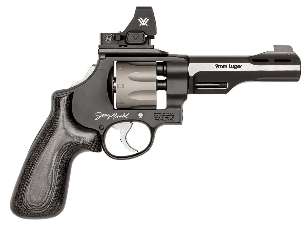 Smith & Wesson 14045 PC Model 327 w/Optic N-Frame 9mm Luger 8 Shot 5″ Black/SS Ported Barrel, Black Scandium Alloy Frame, JM Signature Black Laminate Grip, Vortex CompDot, C.O.R.E Optic System