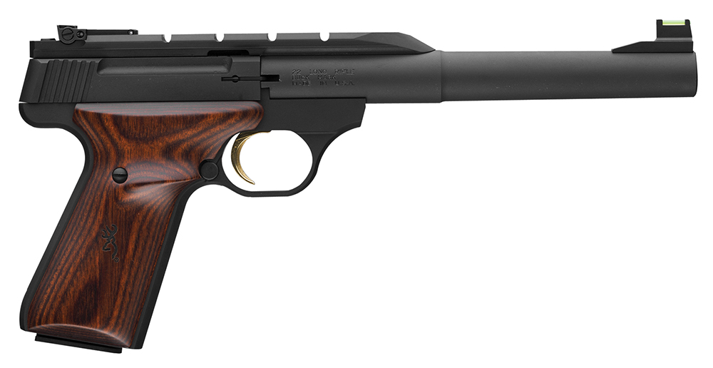 Browning 051499490 Buck Mark Hunter 22 LR 10+1 7.25″ Tapered Bull Barrel, Matte Black Optic Ready/Serrated Steel Slide, Matte Black Aluminum Frame, Laminate Cocobolo Grips