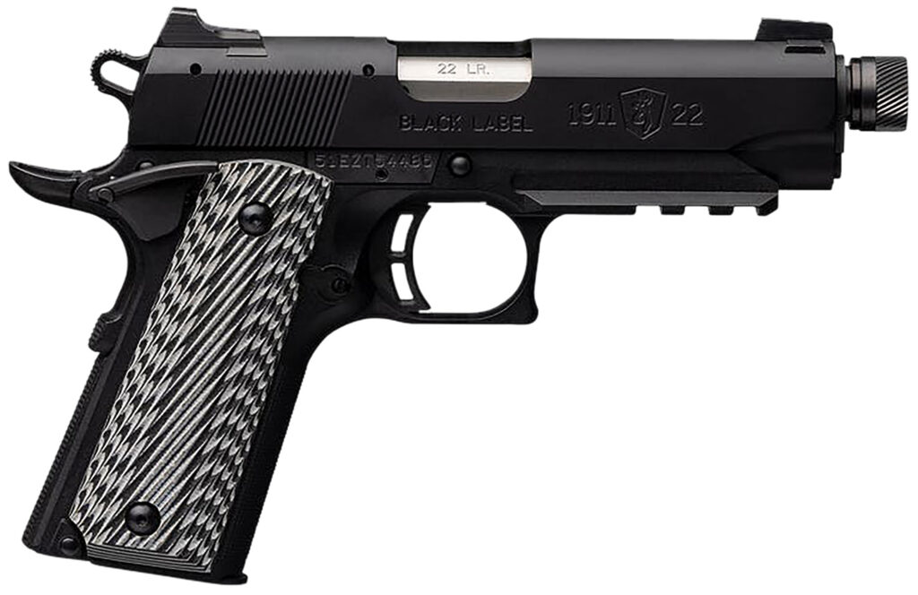 Browning 051821490 1911-22 Black Label Compact SR 22 LR 10+1 4.25″ 3.50″ Threaded Barrel, Matte Black Serrated Steel Slide & Polymer Frame w/Picatinny Rail & Beavertail, Black/Gray Textured G10 Grips