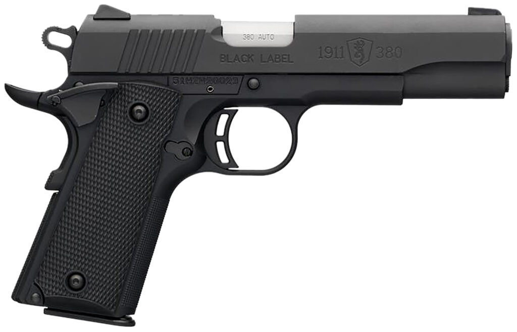 Browning 051904492 1911 Black Label Full Size Frame 380 ACP 8+1 4.25″ Matte Stainless Steel Barrel, Serrated Steel Slide, Matte Black Polymer Frame w/Beavertail, Black Polymer Grip, Right Hand