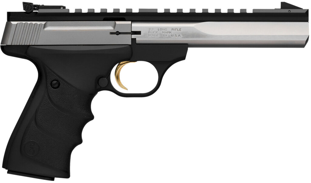 Browning 051507490 Buck Mark Contour 22 LR 10+1, 5.50″ Polished Flats Contoured Barrel, Matte Stainless Serrated w/Picatinny Rail Slide, Matte Black Anodized Frame, Black URX Grip, Ambidextrous