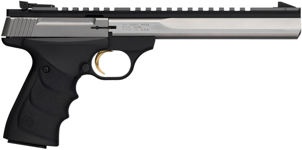 Browning 051508490 Buck Mark Contour 22 LR 10+1 7.25″ Contoured Barrel, Matte Stainless Serrated Steel Optic Ready Slide, Matte Black Aluminum Frame, Finger Grooved Black Ultragrip RX Grip