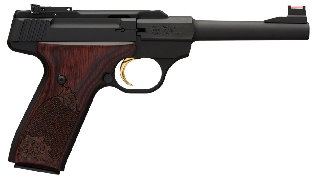 Browning 051519490 Buck Mark Challenge 22 LR 10+1 5.50″ Polished Flats Steel Barrel, Matte Black Serrated Slide & Aluminum Frame, Engraved Rosewood Grip