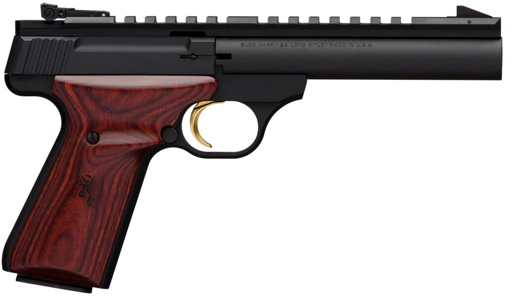 Browning 051528490 Buck Mark Field Target 22 LR 10+1 5.50″ Matte Blued Heavy Bull Barrel, Matte Black Serrated w/Picatinny Rail Slide & Aluminum Frame w/Laminate Cocobolo Target Grip