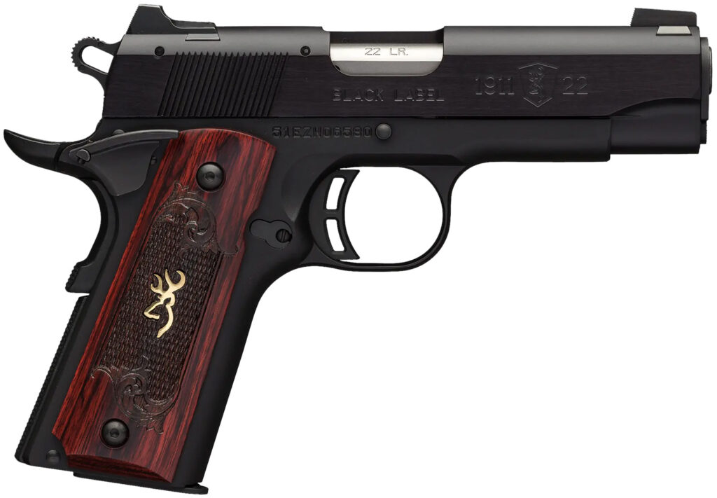 Browning 051852490 1911 Black Label Medallion Compact 22 LR 10+1, 3.63″ Target Crown Barrel, Matte Black Serrated Slide & Aluminum Frame w/Beavertail
